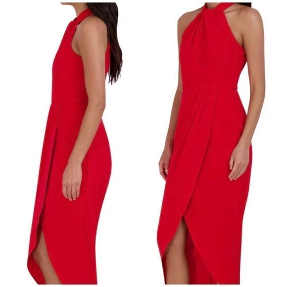 JULIA JORDAN - NWT - L Sz 8 Knot Neck Tulip Hem Midi Dress in Red Scuba Crepe ♥️ - Picture 5 of 16
